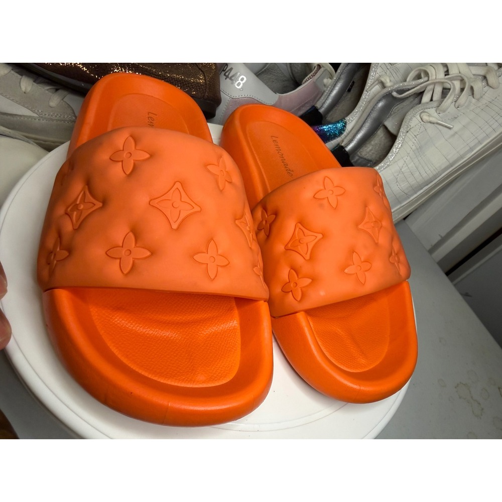 Lemonade Orange Monogram Rubber Slide Sandals Womens Size 37 Floral Pattern